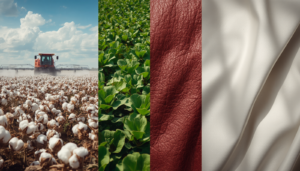 Split-screen showing conventional cotton field with pesticide spraying versus lush organic cotton field, plus close-up textures of recycled polyester, Tencel, and mushroom leather