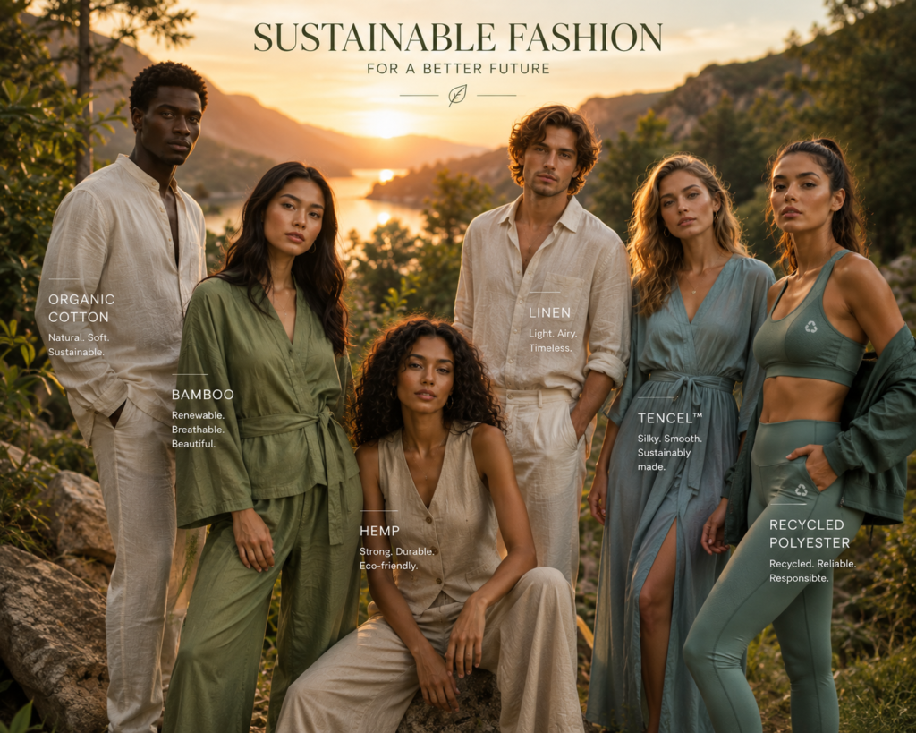 Diverse group of fashion-forward models wearing sustainable clothing made from organic cotton, linen, hemp, bamboo, and recycled materials, standing in a beautiful natural landscape at sunset